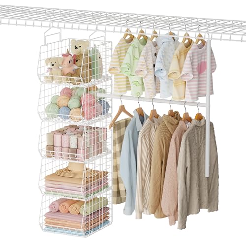 Image of 5 Tier Extended Depth Kids Hanging Closet Organizer with Adjustable Width and Height Hanging Rod, Storage Shelves for Sweaters Towels Handbags, Stackable Metal Bins for Closet, Laundry, Dorm, White
