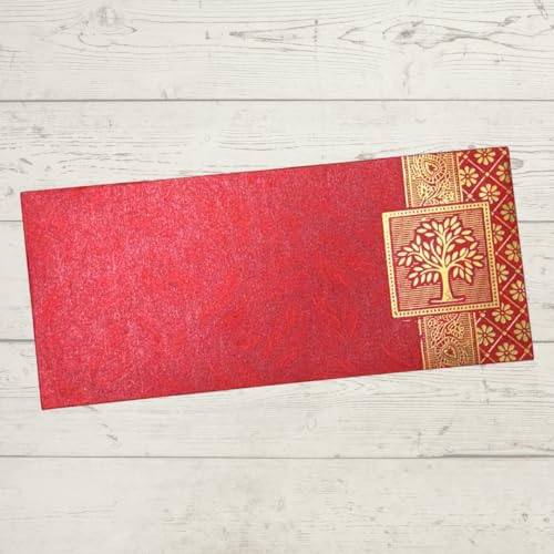 Image of Pack of 25, Rectangle Shape Metallic Paper Shagun Envelopes for Gifting Sagan Lifafa Wedding Occasion Cash Money, 18 X 8 cm, Red Color - Gold Tree Design