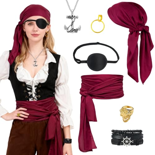 HUKUMA Disfraz Pirata Mujer, Accesorios Pirata Carnaval, Disfraces Piratas Halloween,Caribe Disfraces adultos, Pañuelo Parche Ojo Faja Pendientes Anillos Pulseras Collares