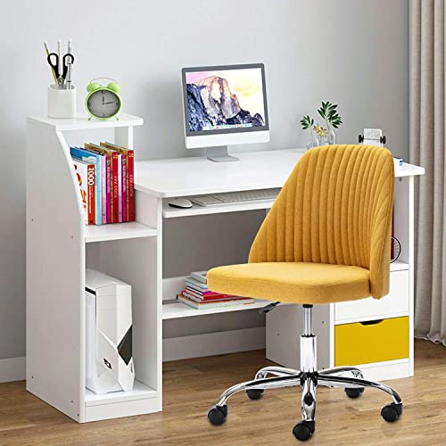 Homefla Home Office Chair, Modern Linen Fabric Chair Adjustable Swivel Task Chair Mid-Back Cute Upholstered Armless Computer Desk Chair With Wheels For Bedroom Studying Room Vanity Room (Yellow) #TOP1