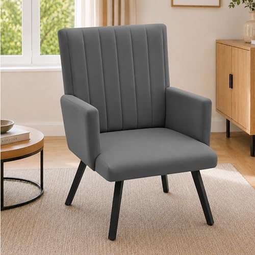 Image of Rosebell Modern Accent Chair for Living Room | Single Seater Chair with Armrests & Metal Legs | Comfortable Lounge Chair for Bedroom, Reading & Office | Grey
