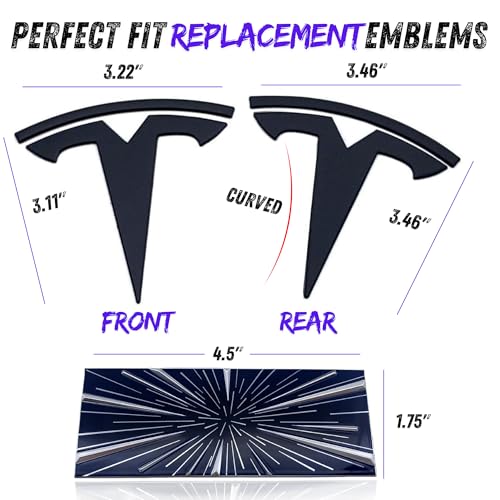 Image of Tesla Model Y Emblem Bundle Front Rear T Logo Badge Matte Black Glossy Black OEM Performance Ludicrous Set Metal Decal Sticker with 3m Adhesive