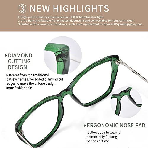 Image of Blue Light Blocking Glasses Cat Eye Stylish Computer Eyeglasses UV Ray Filter Women AB3304 (Green)