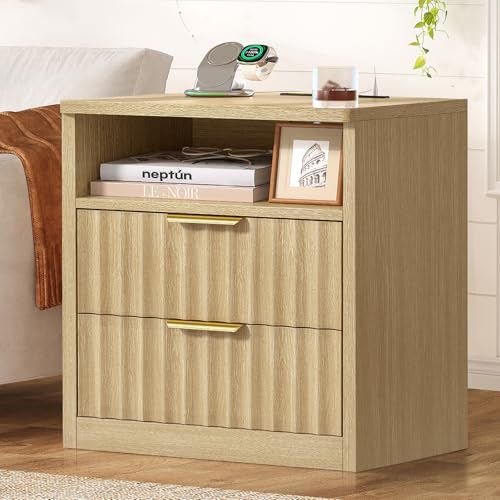 Image of TEENFON Fluted Night Stand, Nighstand with Charging Station and LED Light, Modern Bed Side Table for Small Space, Storage Drawer and Open Shelf, for Bedroom, Natural