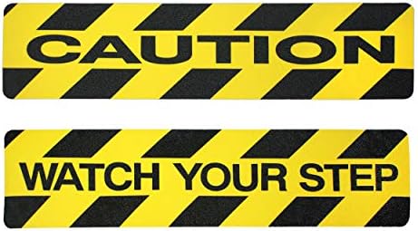 Caution and Watch Step Floor Signs 2 Pack Non-slip Stair Warning Caution Tape Treads. 6" X 24" Self-adhesive Black/yellow Safety Floor Decal Anti Slip Tape Sticker. Workplace or Home Safety Stair Sign