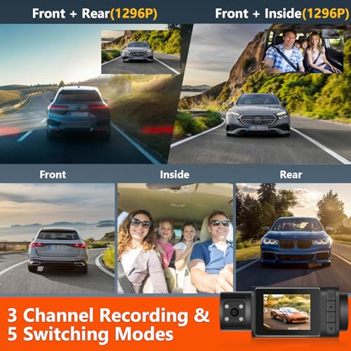Podofo 3 Channel Dash Cam,1296P Dashcam Front and Inside,Triple Dash Cam Three Way Dash Camera for Cars,Car Camera with WDR Night Vision,150°Wide,G-Sensor,Loop Recording,24H Parking - Image 4