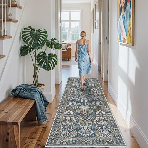 3x6 Washable Entryway Area Rugs: Vintage Easy to Clean Kitchen Rug Runner Soft Non Slip Floor Mat Indoor Farmhouse Carpet for Bathroom Living Room Bedroom Printed Hallway Runners(3x6 Floral/Blue)