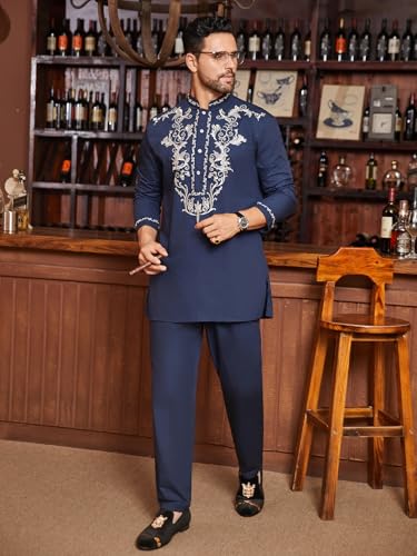 Daupanzees Mens African 2 Piece Set Metallic Traditional Suit Gold Embroidered Shirt African Dashiki Shirt and Pants Outfit3