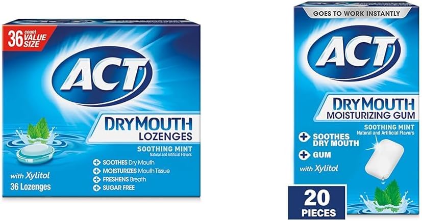Lozenges e Chicletes ACT para Boca Seca com Xilitol e Sabor Menta Suave - 36 Pastilhas e 20 Unidades, Sem Açúcar