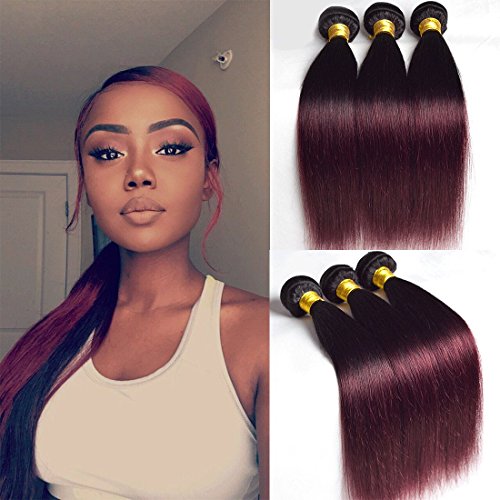 Two Tone 3 Bundles Mixed Length Brazilian Straight Hair Burgundy Ombre 1b 99j Sleek Red Wine Color Remy Human Hair Extension Weave Weft 16 18 20 inches