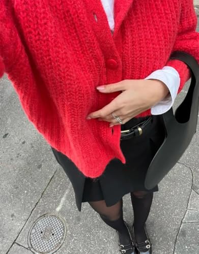 Image of Women's Casual Puff Long Sleeve Crew Neck Cardigan Button Down Open Front Knit Loose Sweater Outwear