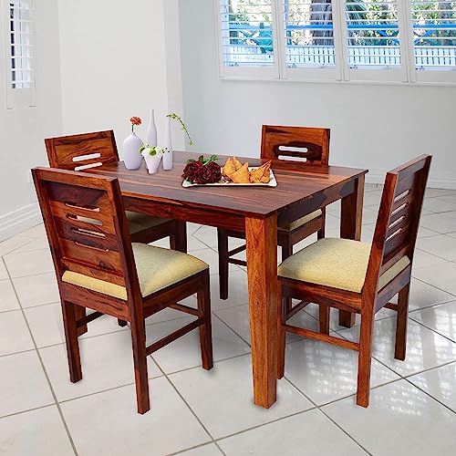 Image of Custom Decor Solid Sheesham Wood Dining Table 4 Seater for Dining Room Living Room | Wooden Dining Set 4 Seater for Home Office | Dining Table Set with 4 Chairs | Chairs with Cushions | Honey Finish