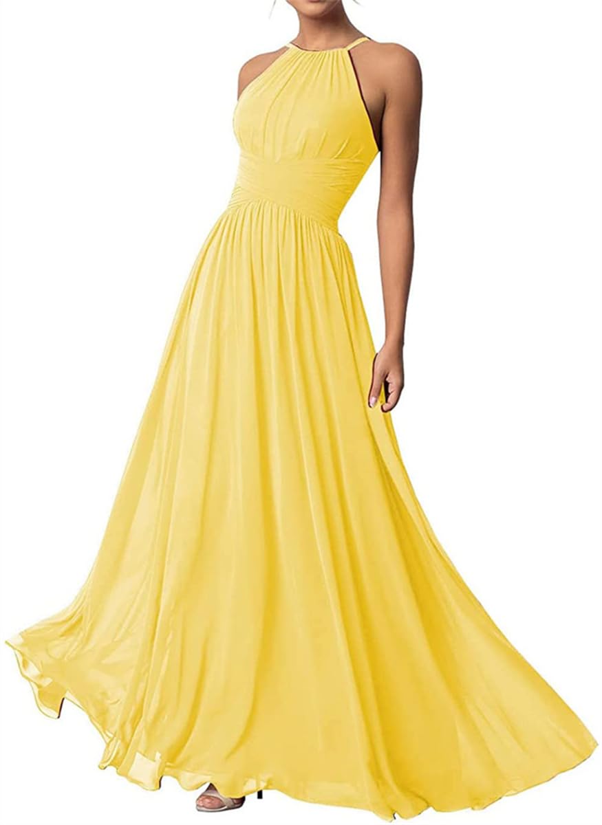 Wseyu Women's Yellow Halter Neck Bridesmaid Dresses Long Chiffon Dresses Evening Dresses Uk12
