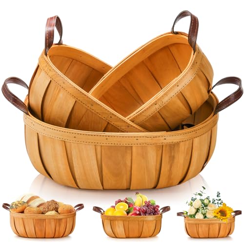 Goaste 3 Pack Wooden Bread Baskets, Wood Chip Picnic Basket with Handles, Handmade Woven Harvest Basket Holder, Rustic Fruits Vegetable Storage Baskets for Picnic, Wedding, Gifting (Orange, 3 Sizes)