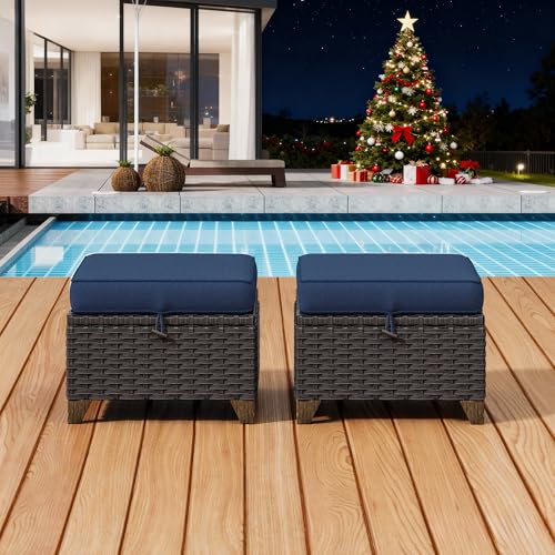 Image of 2 Pieces Patio Outdoor Ottomans with Removable and Washable Covers，PE Rattan Wicker Footstools for Porch, Garden, Sunroom (Navy Blue) | Patio Ottoman Set with Olefin Removable Cushion, All-Weather Ottoman with Deep Seat for Porch, Deck and Backyard, Blue