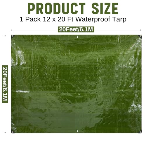 Image of 1 Pack 20 x 20 ft 5.5 Mil Large Tarps Heavy Duty Waterproof Tarp Multi Purpose Tent Cover for Home Boats Cars Camping Patio Furniture Roof Emergency Rain Protective Cover, Army Green