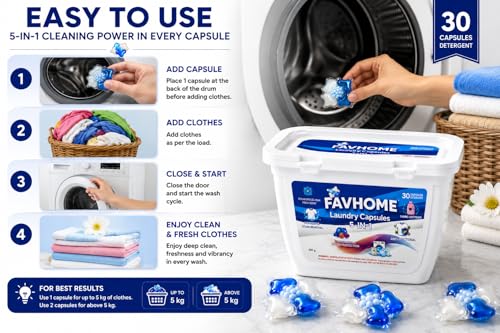 Image of Laundry Detergent Pods 5-in-1, 30 Washes | Tough Stain Remover, Fabric Care & Odour Removal | Ocean Fresh Fragrance | 1 Pod = 1 Wash (Up to 5kg Load) | Front & Top Load Washing Machines