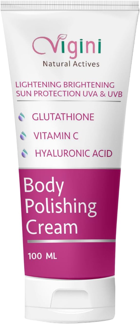 Vigini Brightening Glowing Fairness Radiance Kojic Acid Vitamin C Body Polishing Moisturizer Cream for Pigmentation Dark Spots Dull Uneven Skin Tone Patches Underarms Tan Removal for Men Women 100ml