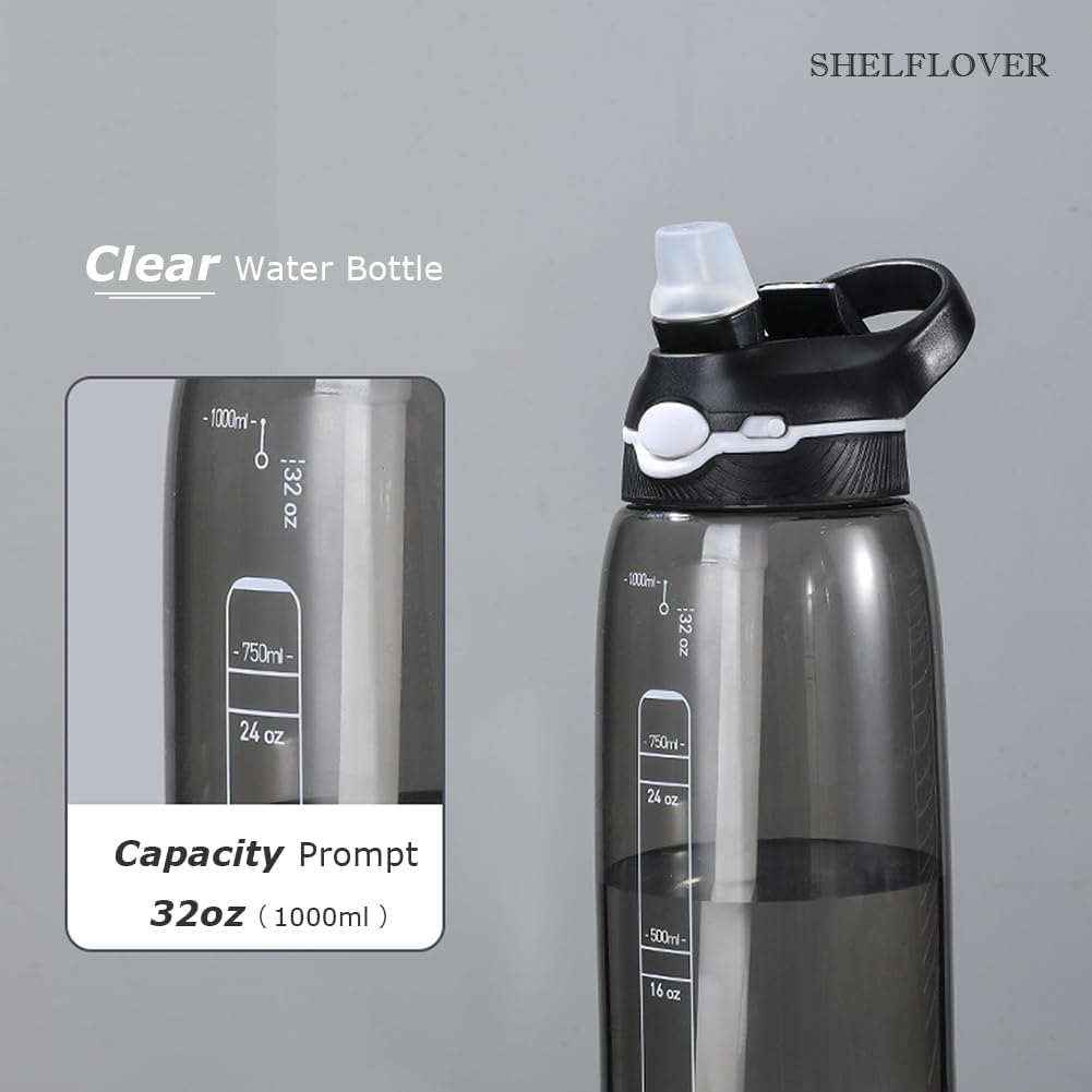 SHELFLOVER Black Water Bottle With Narrow Straw, BPA FREE Clear Bottles With Handle One Hand Use Easy Carried, Flip Up, Suit School, Office, Gym, Office For Men, 32oz (1000ml)