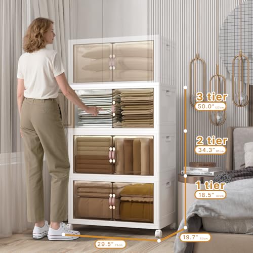 Image of UAMFURI Stackable Storage Bins with Lids, 504QT Closet Organizers and Storage Cabinet with Doors & Wheels, Lockable Plastic Foldable Drawers for Bedroom Dorm Office Garage(168QT*3,White)