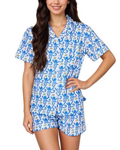 Zuafy Womens Pajamas Set Button Down Ladies Summer Pajamas Monkey Printed Sleepwear Short Sleeve 2 Pc Pjs for Birthday Gift Blue