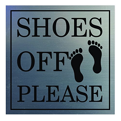 All Quality Square Shoes Off Please Wall or Door Sign | Silver (Small) 1 Pack
