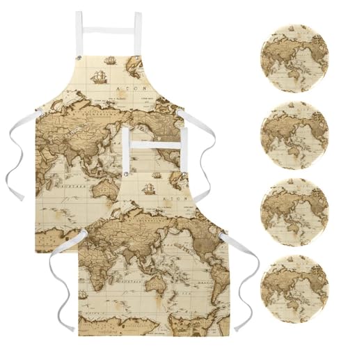 Tablier cuisine vintage carte du monde imperméable pour barbecue et cuisine