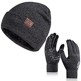 Winter 1-3 PCS Beanie Hat Gloves Scarf for Men and Women, Knit Thick Fleece Lined Warm Touchscreen Gloves Beanie Infitiny Scarf Set (Gloves&Beanie Black Dark Gray)