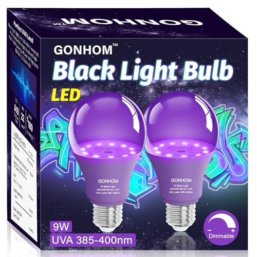 Gonhom 2 Pack A19 LED Black Light BulbsDimmable 9W Blacklight Bulb(100W Equivalent), E26 Base 110V, UVA Level 385-400nm, Glow in The Dark for Black Lights Party, Body Paint, Neon Glow, Art Posters