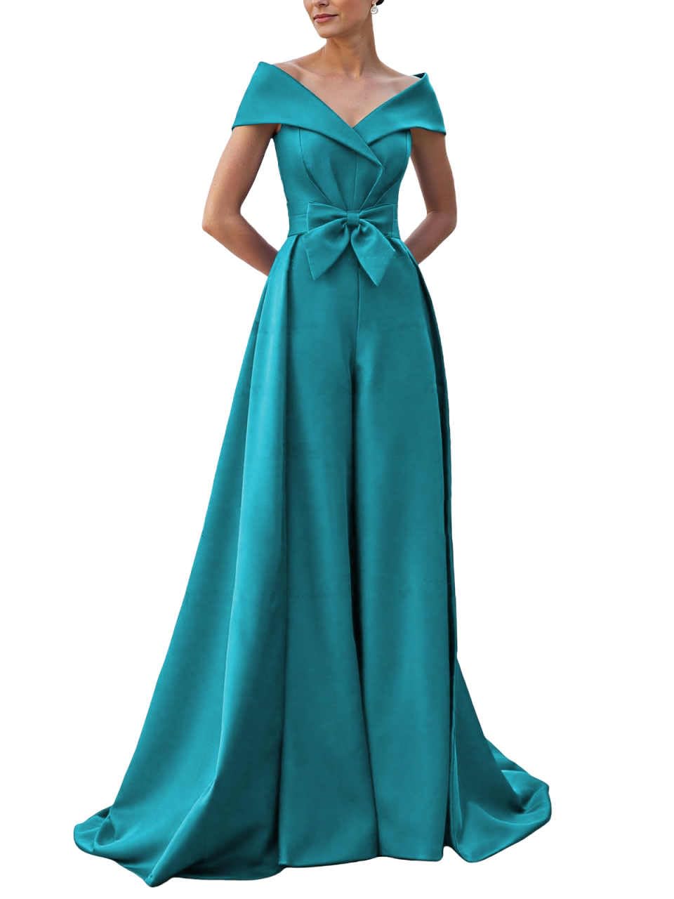 Satin Mother of The Bride Pant Suits for Women Off The Shoulder Jumpsuit Wedding Prom Outfit with Train