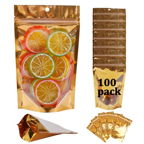 Paquete de 100 bolsas de Mylar para almacenamiento de alimentos, resellables, bolsa de papel de aluminio con ventana y agujero para colgar, 7.08 x 11.02 pulgadas, reutilizables, cierre de cremallera
