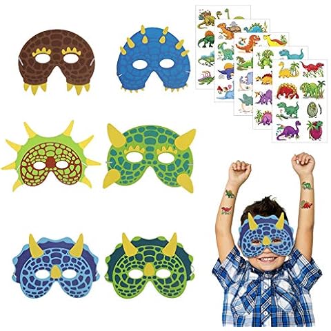 KATOOM Kids Foam Mask 18 Pcs Dinosaur Children's Animal Masks with 40pcs (Pack of 5 Sheets) Dinosaur Temporary Tattoos for Kids Birthday Party Favors Bag Fillers Dress-Up Costume World Book Boy Cover