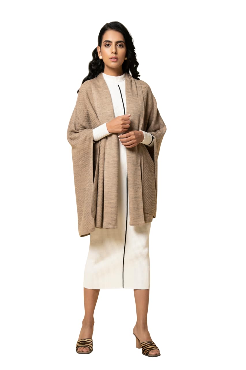 khaleej Women’s Cape Wool Outerwear | Draped Cape Style Layer with Open Front Shawl Design | Soft Woolen Texture with Contrast Border Finish | Indo-Western Fashion Wrap, Fawn-picture-38