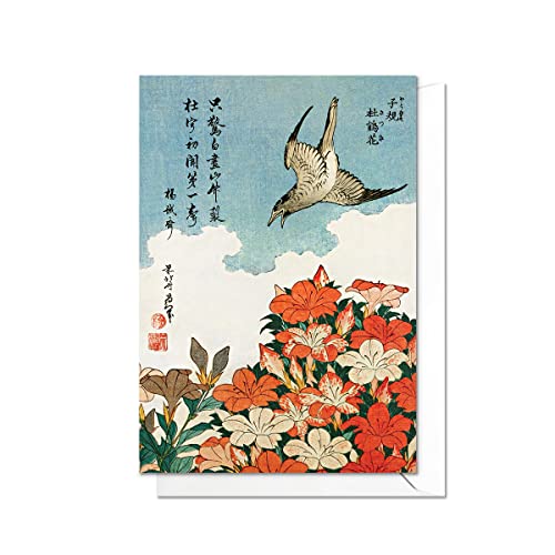 Japanese Ukiyo-e Art Greeting Cards – Birthday Anniversary Valentine's Day All Occasion Card with Envelope (Hokusai Cuckoo and Azalea) - C15