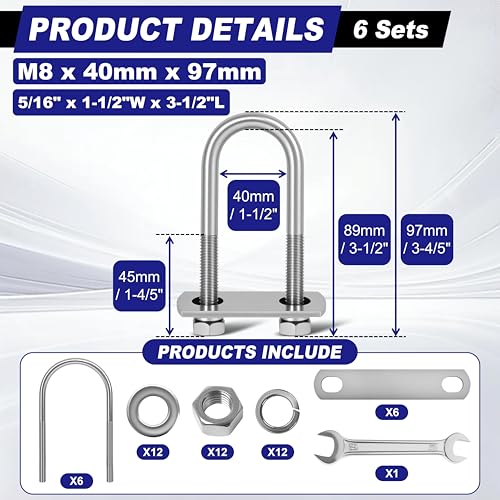 Image of 6 Sets M8 U Bolts 1-1 /2 Inch Wide, 5 /16 inch x 1-1 /2 inchW x 3-1 /2 inchL