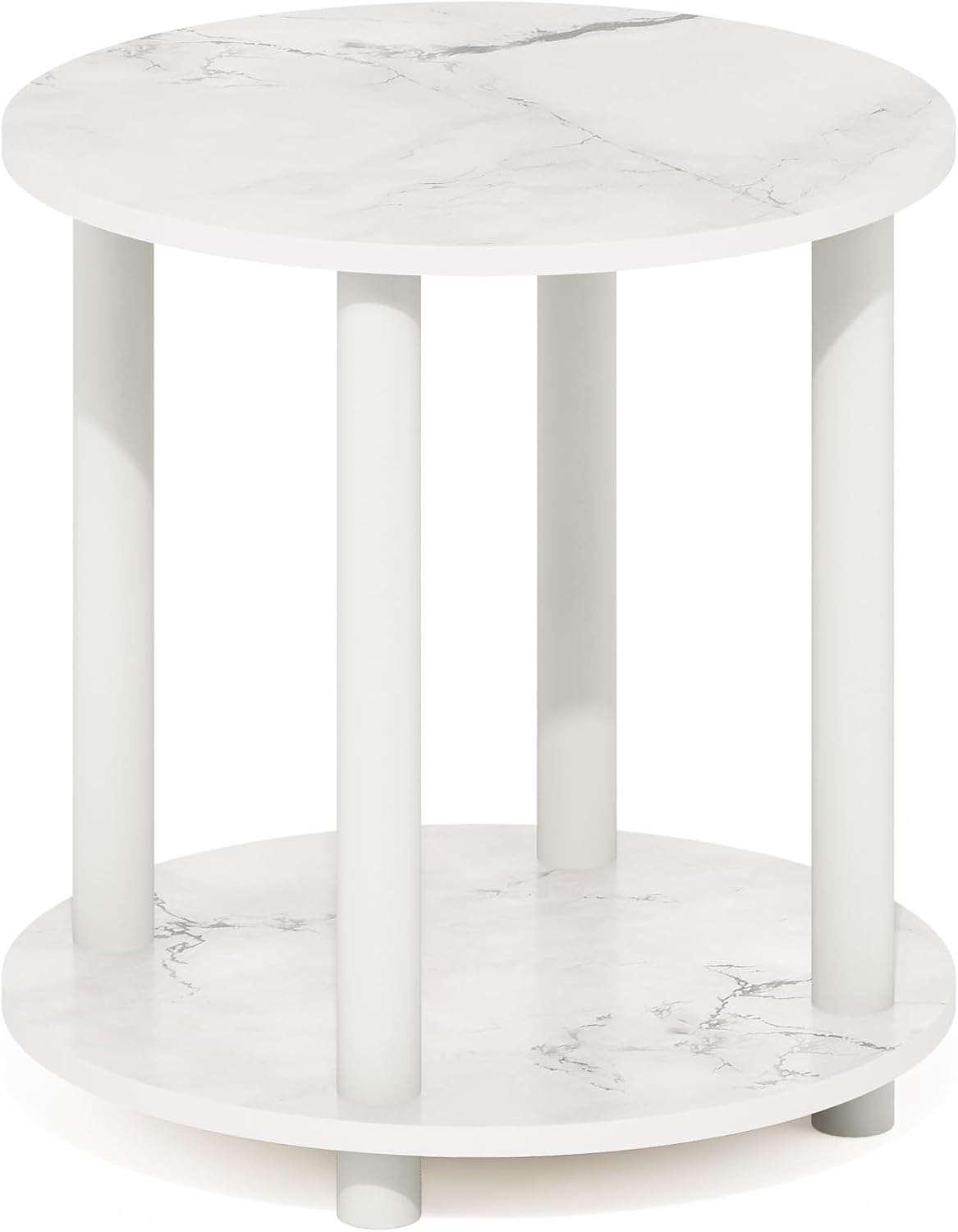 Furinno Turn-N-Tube 2-Tier Round Wooden End Table, Marble White