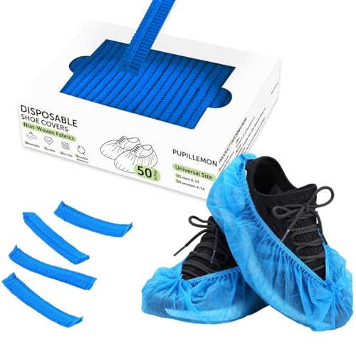 PUPILLEMON 50Pcs(25 Pairs) Non-Woven Shoe Covers Disposable for Indoors Breathable | Durable | Boot Covers Non Slip Fits Up to Size 12 UK Men (Blue)