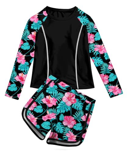 Image of Vogseek Girls Rash Guard Swimsuits 2 Piece Bathing Suit UPF 50+ Summer Swimwear Size 7-12T