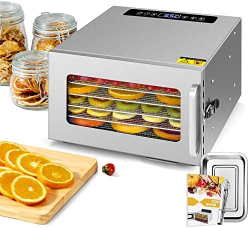 Kwasyo Stainless Steel Food Dehydrator, 6 Tray Fruit Dryer Machine with Free Recipe Book, BPA-Free, 30~90 Temperature Setting, Max 24h, Dehydrator Food Dryer UK for Vegetables, Meats, Chili-400W