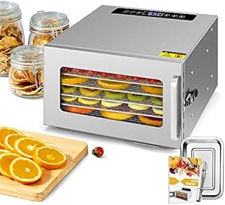 Kwasyo Stainless Steel Food Dehydrator, 6 Tray Fruit Dryer Machine with Free Recipe Book, BPA-Free, 30~90 Temperature Setting, Max 24h, Dehydrator Food Dryer UK for Vegetables, Meats, Chili-400W