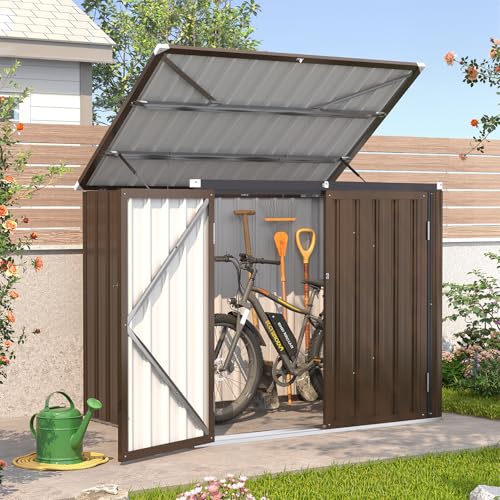 Image of AECOJOY Outdoor Trash Can Storage Shed, 46 Cu.Ft Metal Garbage Bin Enclosure with Lift-Up Lid & Gas Strut, Waterproof Outdoor Garbage Can Organizer, Bike Shed Backyard Patio Garden, Brown
