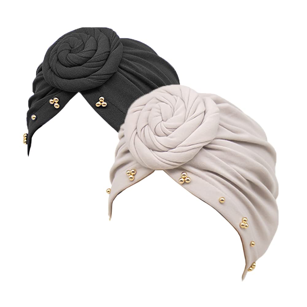 2PCS Women Turban Hat Beads Pre-Tied Knot Headwraps Sleep Hat Beanie Hair Loss Cap