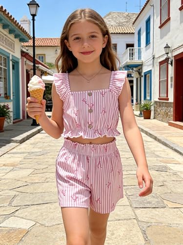 Image of Girl's Summer Clothing Sets Knit Ruffle Striped T-Shirt and Shorts 2 Piece Outfits