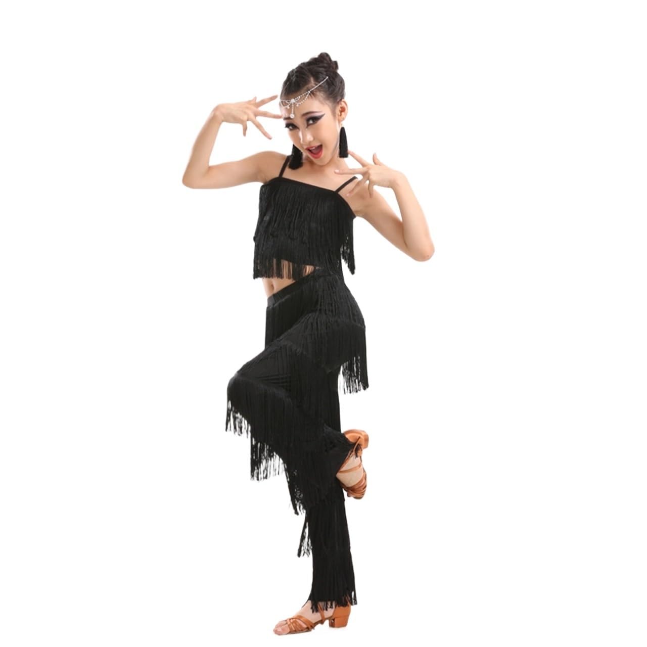 Falda Con Flecos De Baile Latino For Niñas, Top Corto + Pantalones, 2 Piezas, Ropa De Baile De Competición, Vestido De Baile De Salsa Tango Con Borlas, Disfraz De Actuación En Escenario