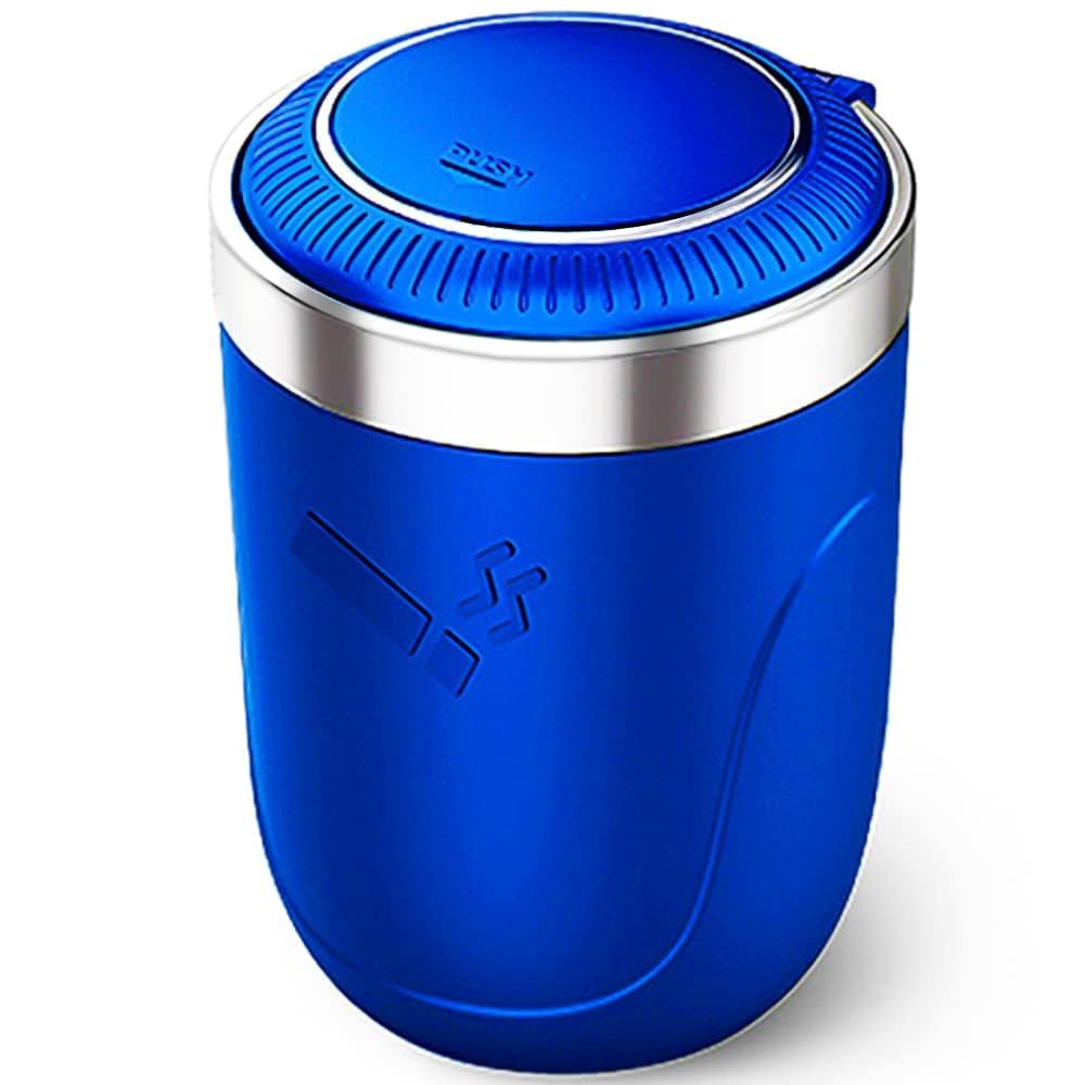 Cenicero para coche Huoing1, fácil de limpiar, desmontable, de acero inoxidable, con tapa y luz LED azul, compatible con la mayoría de los portavasos de coche, color azul oscuro.