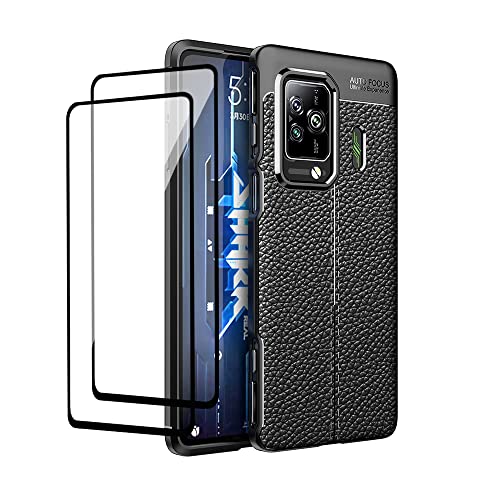 QINOUK Hülle für Xiaomi Black Shark 5 Pro, [Anti-Kratzer] Ultra-dünne Weiche TPU-Schutzhülle, Lychee Textur Design, mit [2-Pack] Schutzfolie-Schwarz