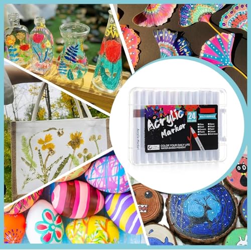 Image of Wynhard Acrylic Markers Pen Paint Acrylic Colour Pens for Painting Acryli Colour Markers Set 24 Shades Paint Pens Markers for Rock, Wood, Canvas, Stone, Glass, Ceramic, Fabric DIY Crafts Art Supplies