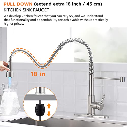 Apromoom Kitchen Faucet With Pull Down Sprayer For Sink Single Hole Deck Mount Spring Faucets With Led Light Brushed Nickel Stainless Steel 1 Handle Grifos De Cocina #TOP3