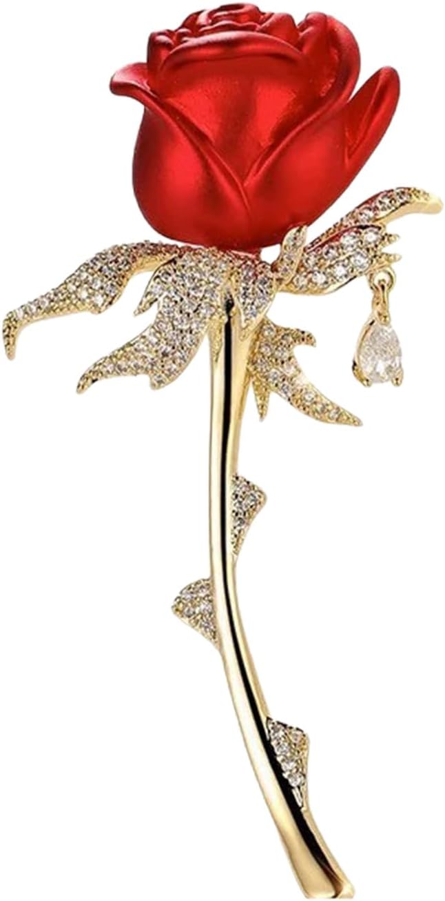 Rose Brooch Pin Red Floral Brooches and Pins for Women Dress Lapel Flower Broach Jewelry Red Cubic Zirconia Accessories Elegant Womens Suit Party Wedding Banquet Ceremony