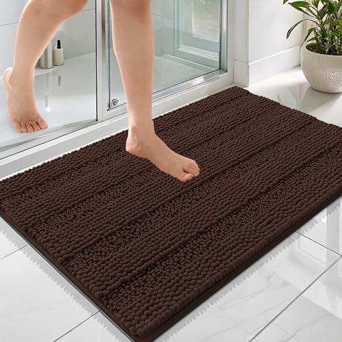 Image of OLANLY Thick Bathroom Rugs 36x24, Extra Soft Absorbent Chenille Striped Bath Rugs, Rubber Backing, Machine Wash Dry, Bath Mats for Bathroom Floor, Tub and Shower, Home Decor Accessories, Brown